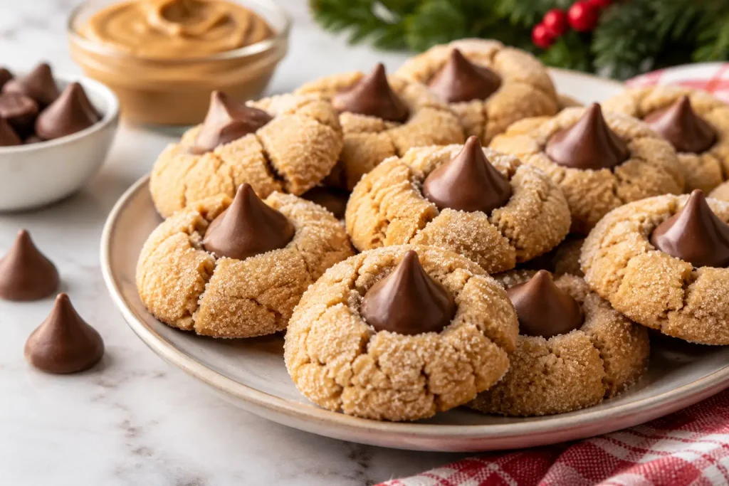 Soft peanut butter blossoms cookies coated in sugar and topped with milk chocolate kisses.