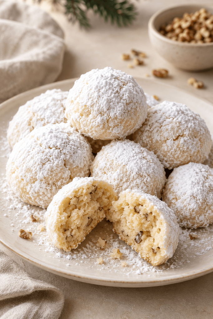 Homemade snowball cookies coated in powdered sugar with a buttery pecan-filled center.