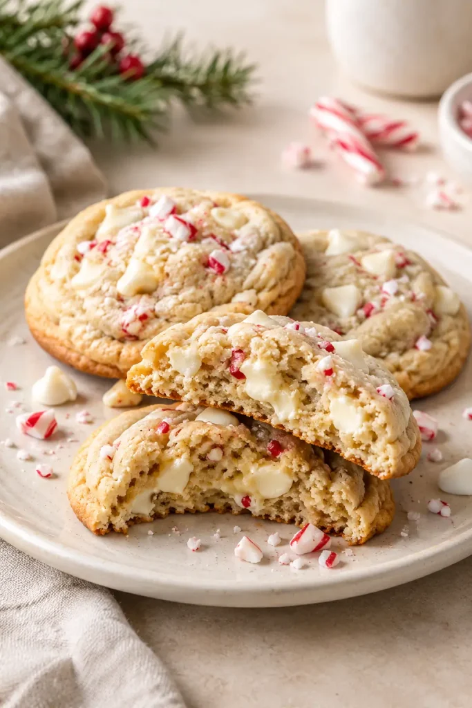 Soft and chewy white chocolate peppermint cookies with a broken cookie showing a tender center filled with white chocolate chips and crushed peppermint candy.